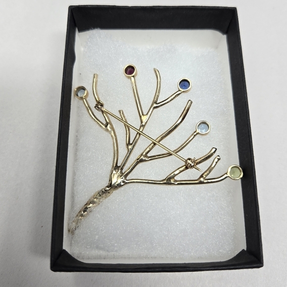 Gold Tone Tree Of Life Brooch Pin-Colored Stones Womens Twisted Trunk Branches - Picture 4 of 8